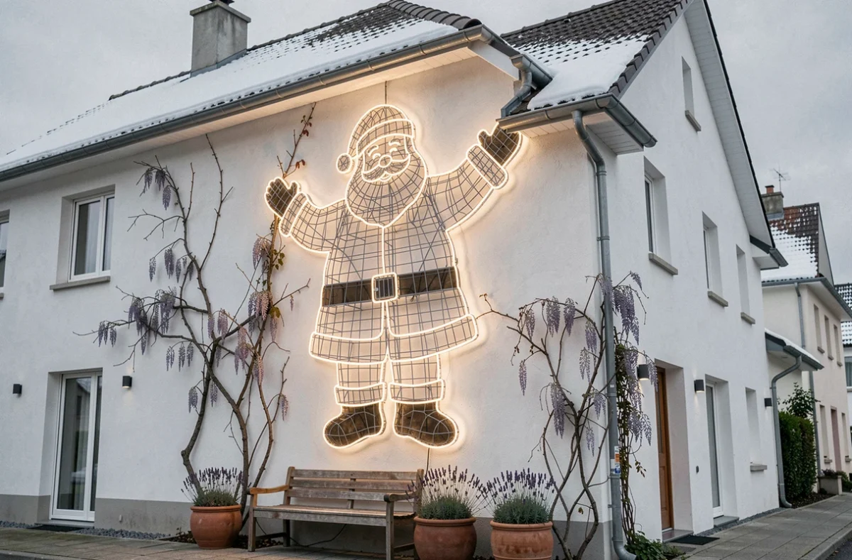 Silhouette géante de père Noël en LED sur la façade d'une maison moderne, grande décoration de Noël extérieure pour mur et toiture
