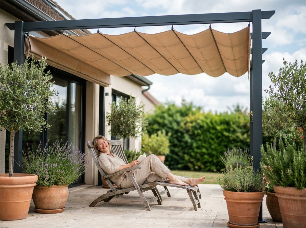 Femme se relaxant sous une pergola aluminium avec store banne beige sur une terrasse moderne