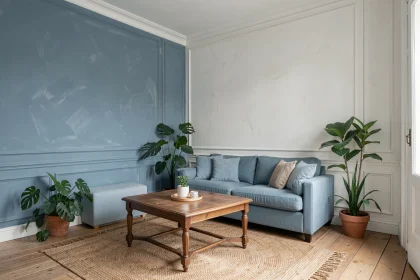Petit salon parisien décoré en bleu poudré avec canapé en lin, mur d'accent bleu et plantes vertes