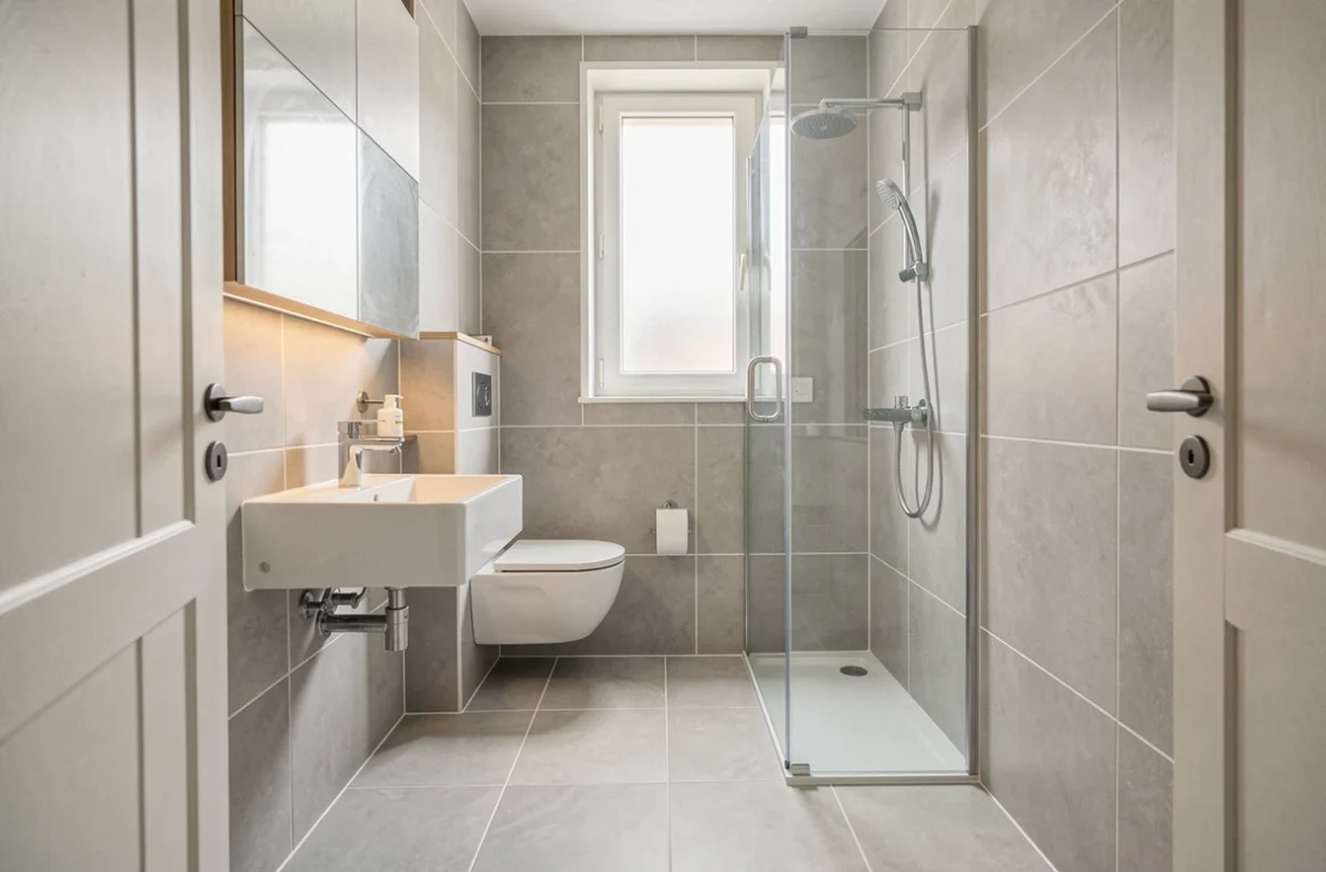 Petite salle de bain d'appartement de 4 m² avec douche à l'italienne et vasque suspendue, carrelage gris clair grand format