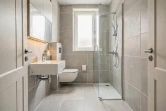 Petite salle de bain d'appartement de 4 m² avec douche à l'italienne et vasque suspendue, carrelage gris clair grand format