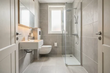 Petite salle de bain d'appartement de 4 m² avec douche à l'italienne et vasque suspendue, carrelage gris clair grand format