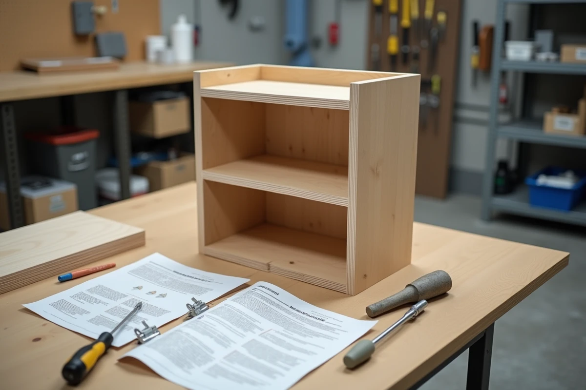 Vue de dessus des pièces et quincaillerie d'un meuble d'angle en kit étalées sur un établi de garage