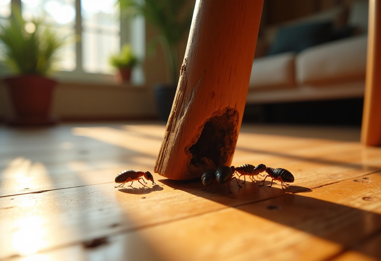 Pied de chaise en bois avec tunnels de termites visibles