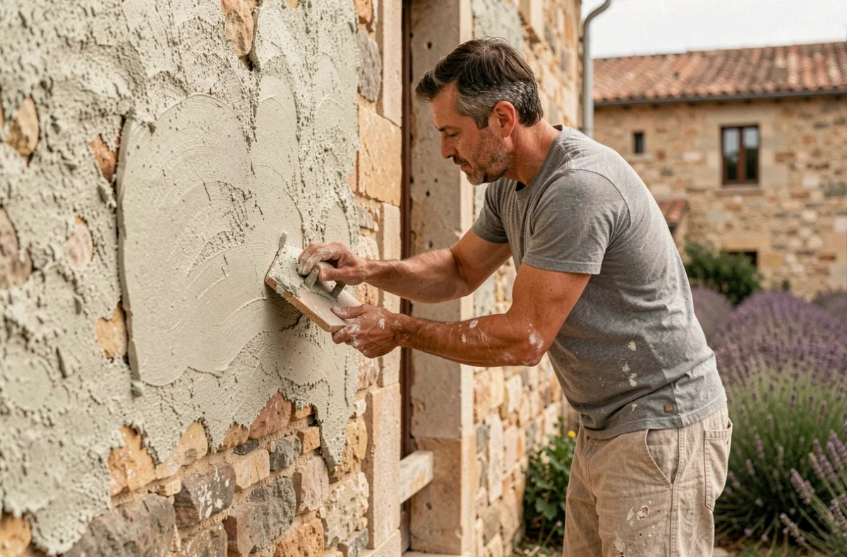 Artisan de Pieds Nus Habitat appliquant un enduit à la chaux naturelle sur un mas en pierres dans la campagne occitane