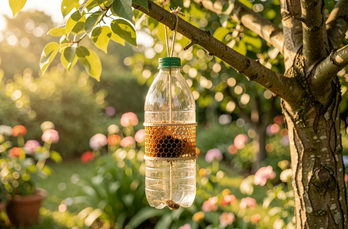 Piège à frelon fabriqué avec une bouteille suspendu à une branche