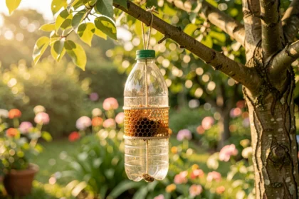 Piège à frelon fabriqué avec une bouteille suspendu à une branche