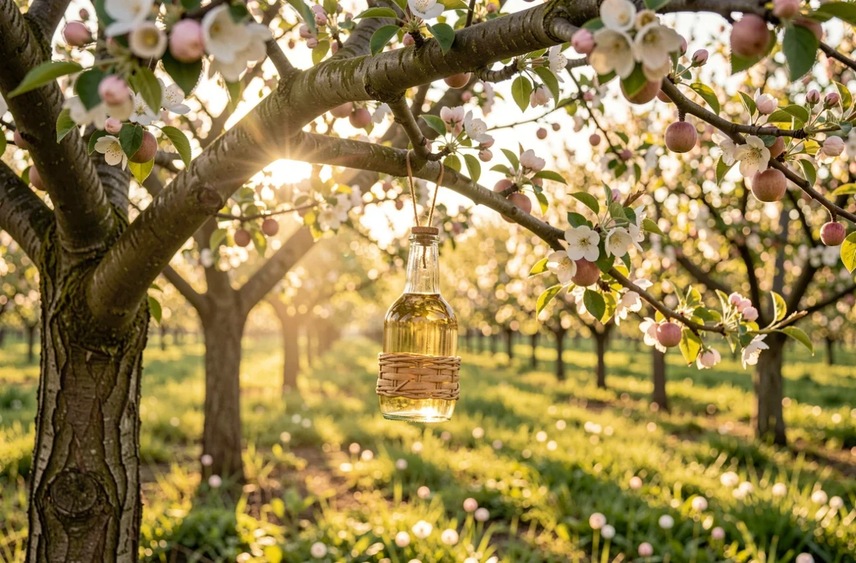Piège à frelon suspendu dans un arbre fruitier au printemps