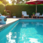 Piscine familiale moderne avec alarme visible en extérieur
