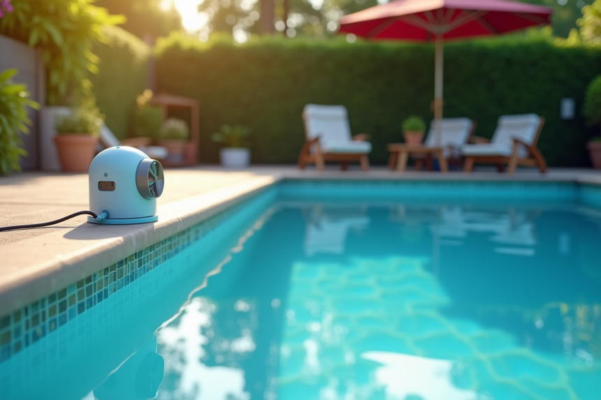Piscine familiale moderne avec alarme visible en extérieur