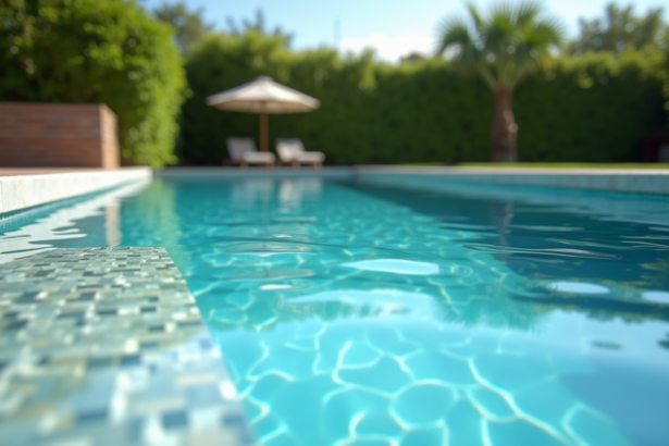 Piscine moderne dans un jardin ensoleille avec eau basse