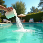 Piscine verte dans le jardin nettoyée avec bicarbonate en journée