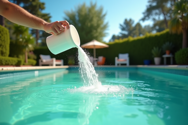Piscine verte dans le jardin nettoyée avec bicarbonate en journée