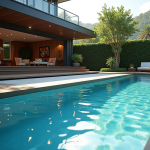 Piscine moderne avec couverture automatique partielle en extérieur