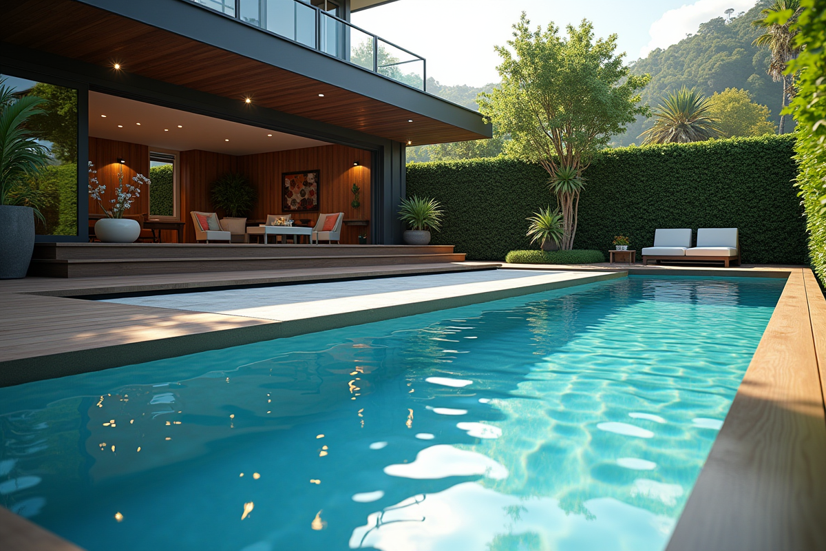 Piscine moderne avec couverture automatique partielle en extérieur