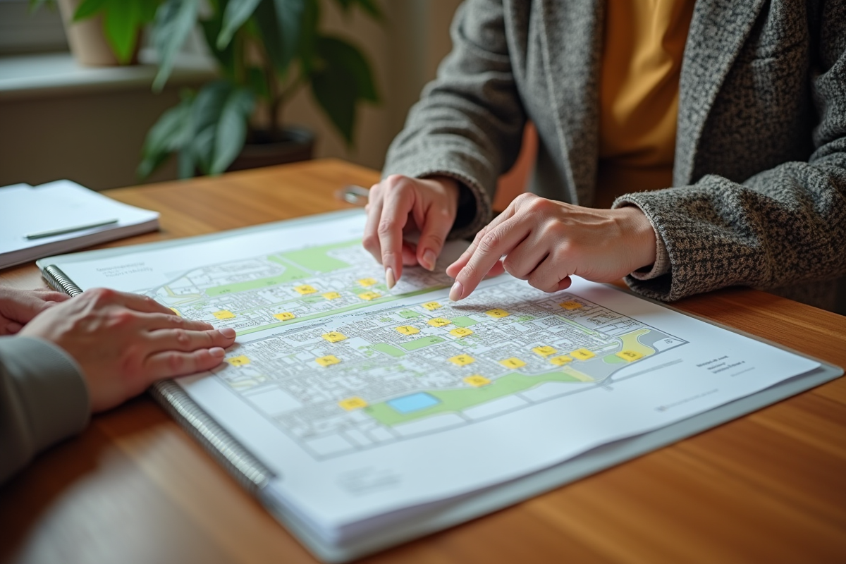 Mains de deux femmes âgées pointant un plan urbain