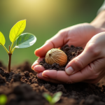 Gros plan de mains plantant une noix dans la terre humide en extérieur