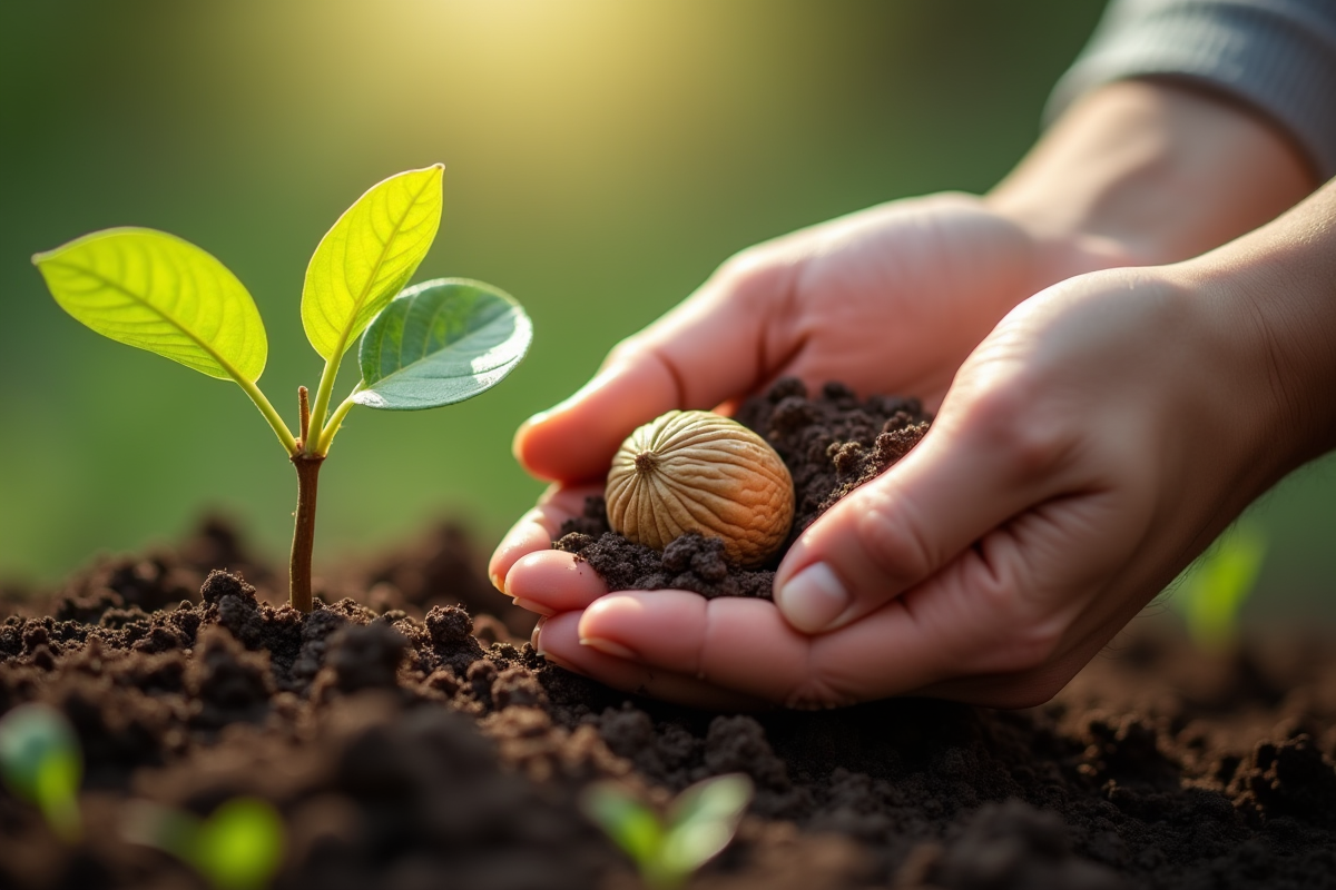 Gros plan de mains plantant une noix dans la terre humide en extérieur