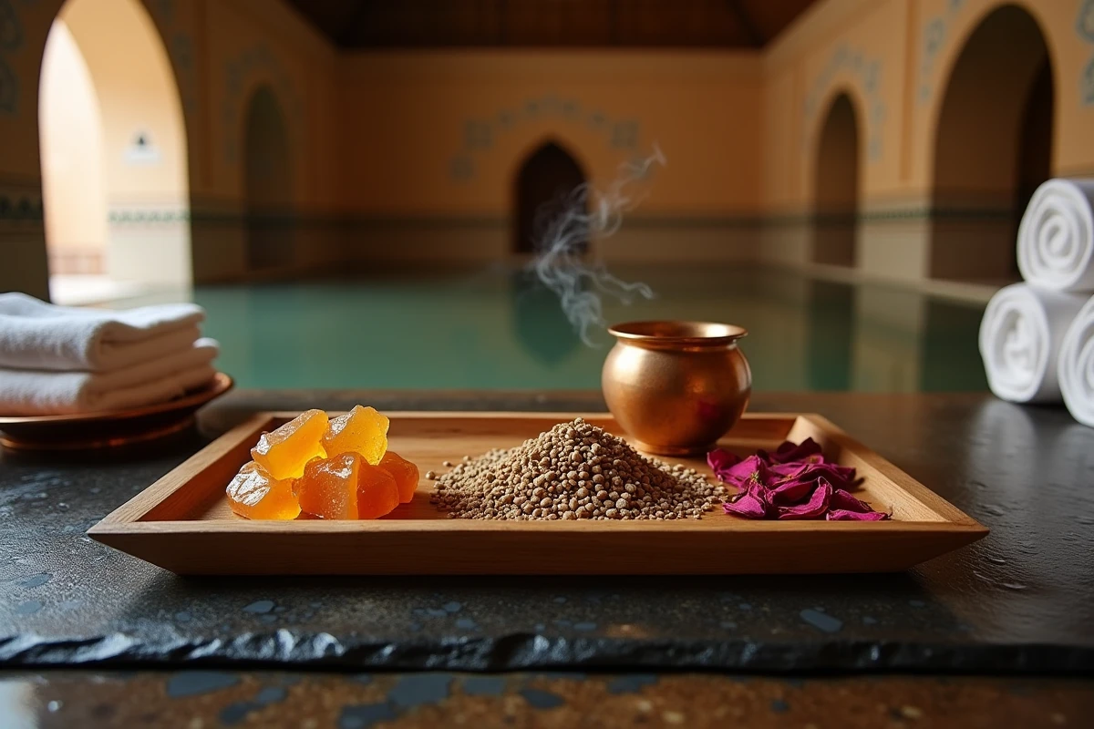 Plateau en bois avec résines d'encens arabe, bakhoor et bois d'oud brut, présentation artisanale dans un hammam