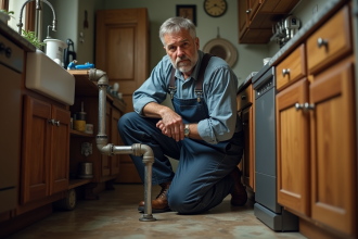 Plombier homme en overalls répare tuyaux dans cuisine