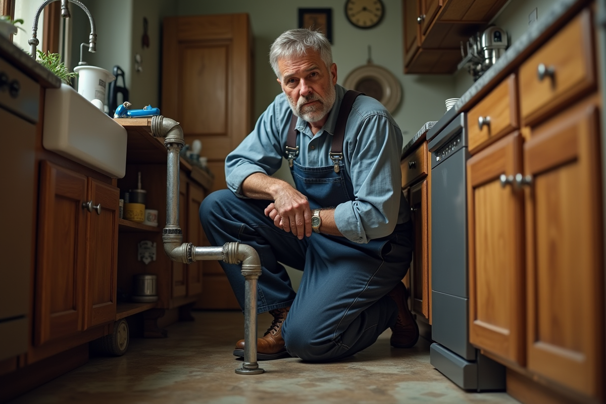Plombier homme en overalls répare tuyaux dans cuisine