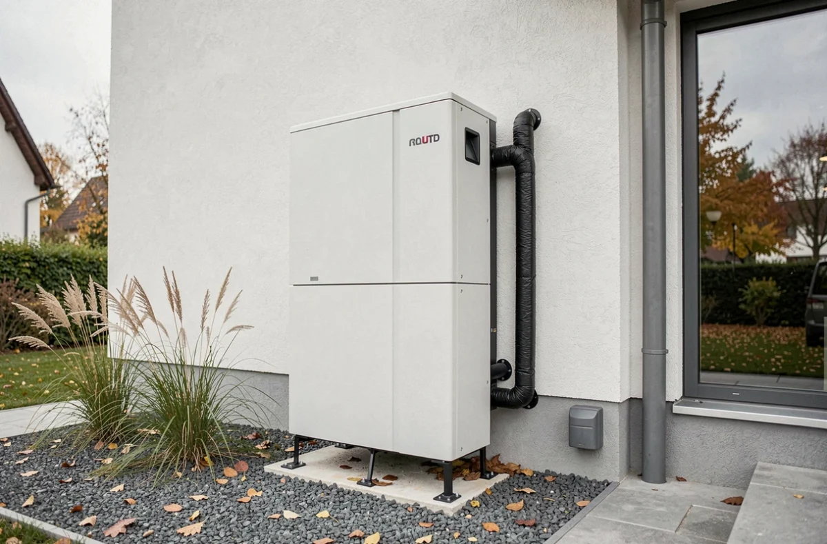 Pompe à chaleur air eau installée sur la façade extérieure d'une maison résidentielle moderne