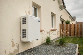 Pompe à chaleur air eau Atlantic Alféa Extensa Duo installée sur la façade extérieure d'une maison individuelle