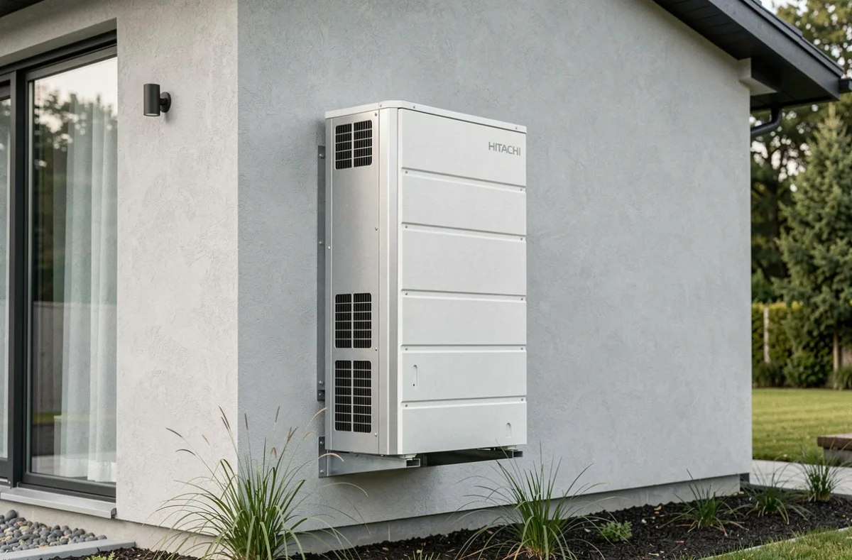Pompe à chaleur Hitachi installée en extérieur sur la façade d'une maison contemporaine avec végétation au premier plan