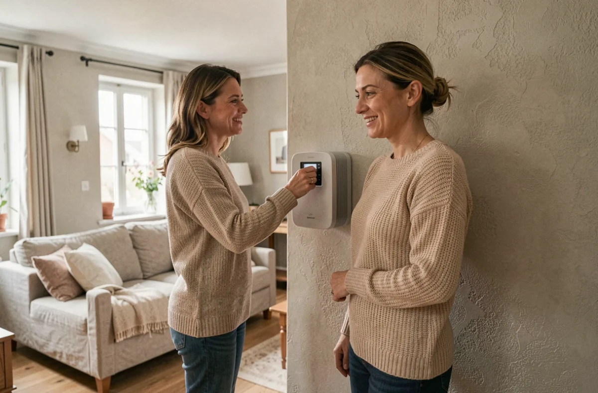 Femme réglant une pompe à chaleur murale dans un salon moderne et chaleureux