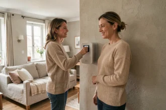Femme réglant une pompe à chaleur murale dans un salon moderne et chaleureux