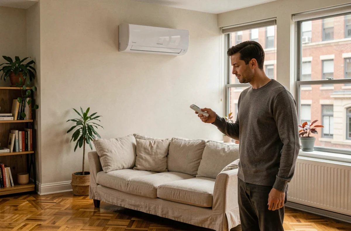 Pompe à chaleur sans unité extérieure installée dans un salon d'appartement moderne