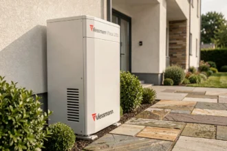 Pompe à chaleur Viessmann Vitocal 200s installée en extérieur contre un mur de maison contemporaine