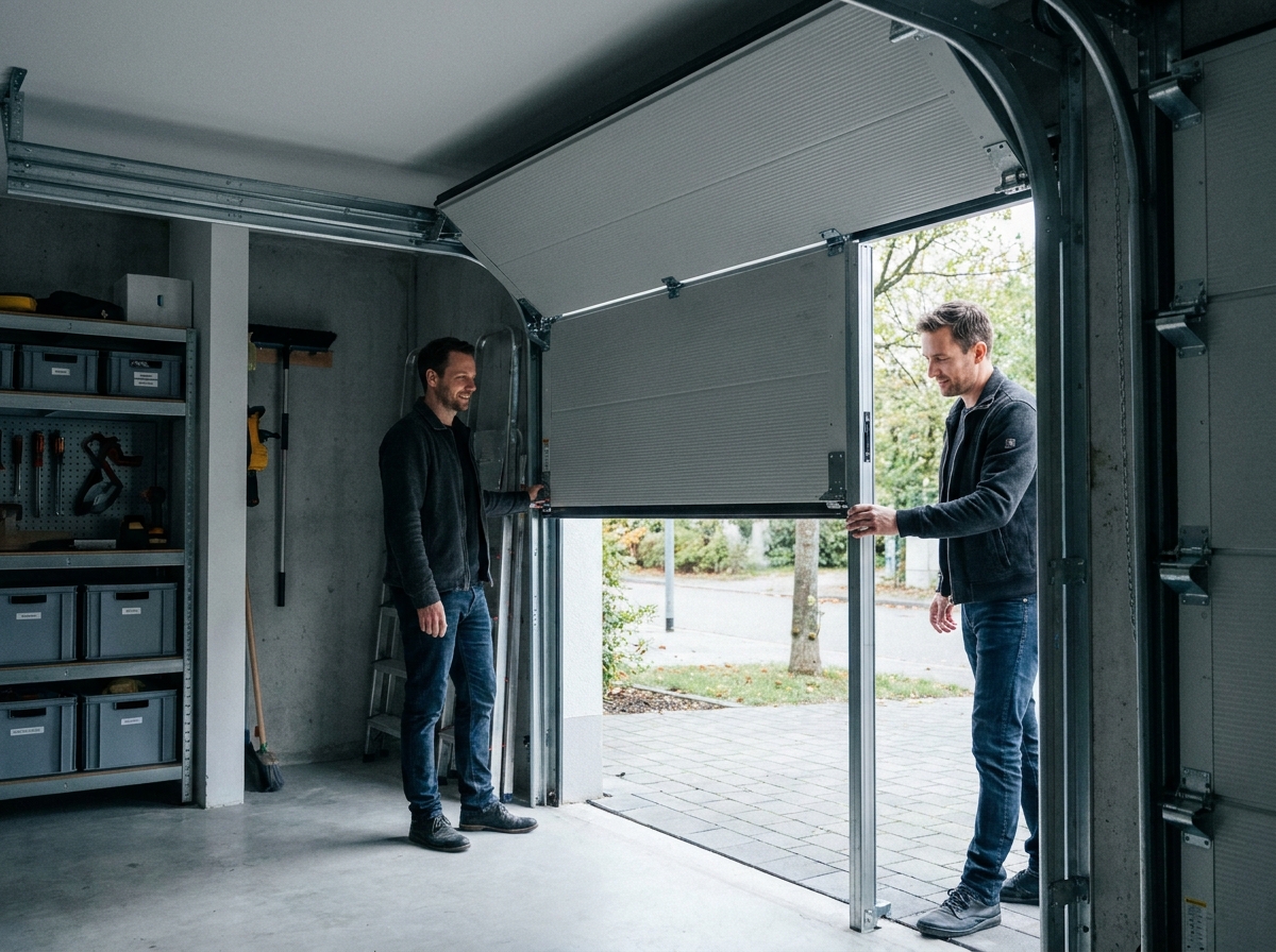 Porte de garage sectionnelle à profil réduit installée pour optimiser l'espace intérieur disponible