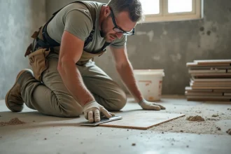 Carreleur professionnel en train d'étaler la colle sur un sol en béton brut lors d'une pose de carrelage