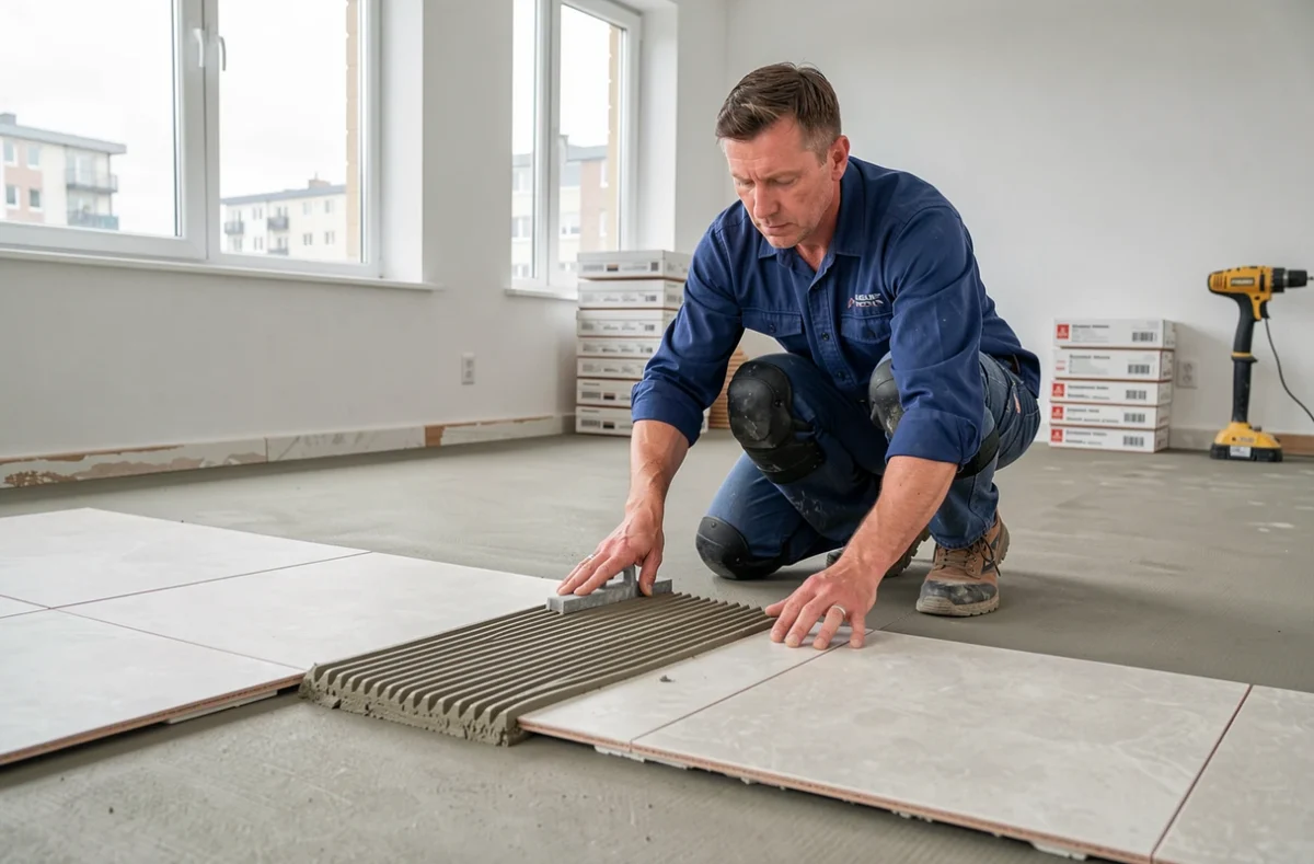Carreleur posant du carrelage sur un ragréage fibré complètement sec dans un appartement