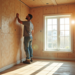 Travailleur appliquant des panneaux d'isolation dans un salon lumineux