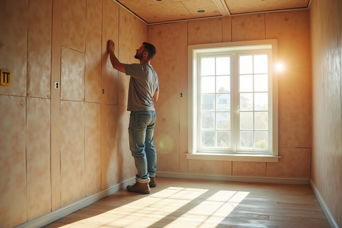 Travailleur appliquant des panneaux d'isolation dans un salon lumineux