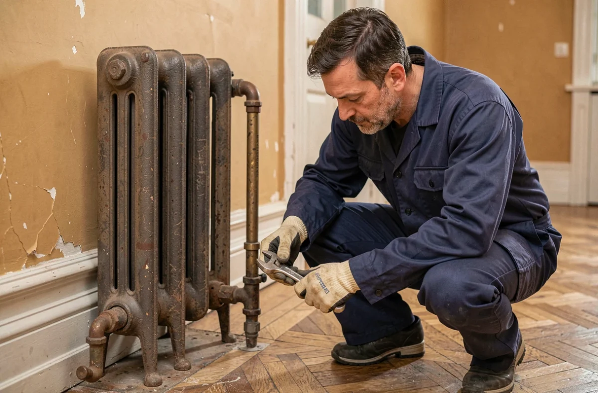 Plombier en train de poser un radiateur en fonte dans un appartement haussmannien, serrant les raccords avec une clé à molette