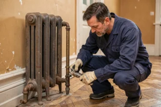 Plombier en train de poser un radiateur en fonte dans un appartement haussmannien, serrant les raccords avec une clé à molette