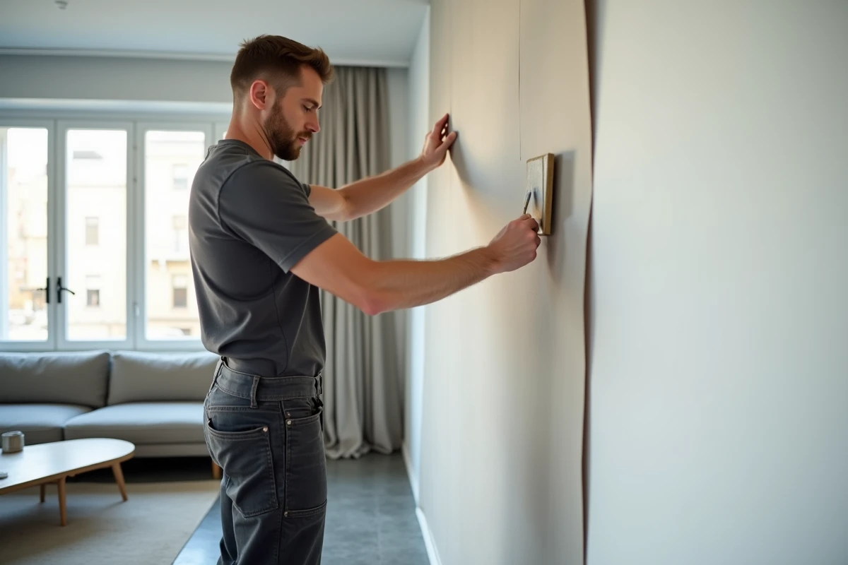 Artisan posant une toile enduite sur un mur blanc dans un salon contemporain en cours de rénovation