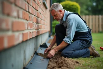 Ouvrier en overalls posant une membrane d'étanchéité sur la fondation