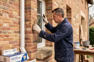 Poseur de fenêtres installant un cadre PVC double vitrage sur une maison en brique toulousaine en Haute-Garonne