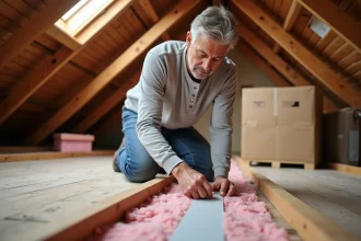 Homme préparant les combles en colmatant les fissures avant une location de souffleuse à ouate de cellulose
