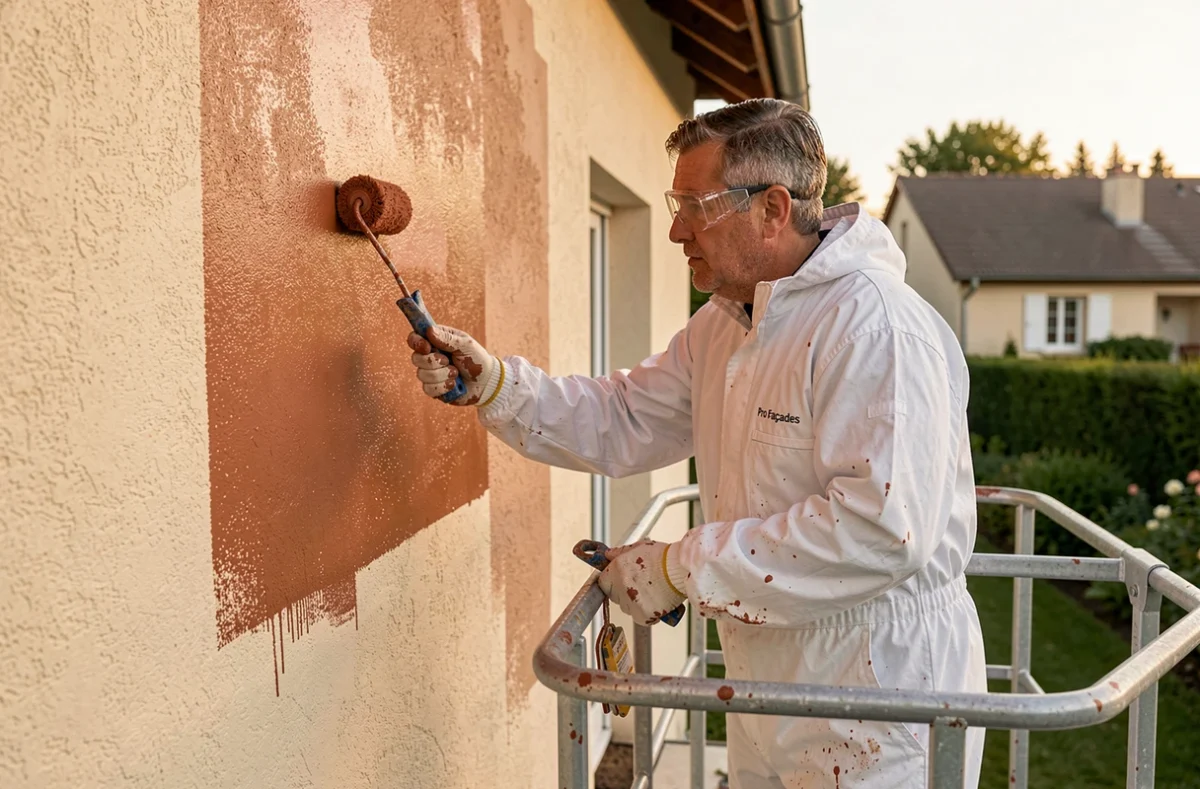 Professionnel de Pro Façades 31 appliquant une peinture minérale sur la façade rénovée d'une maison en Haute-Garonne