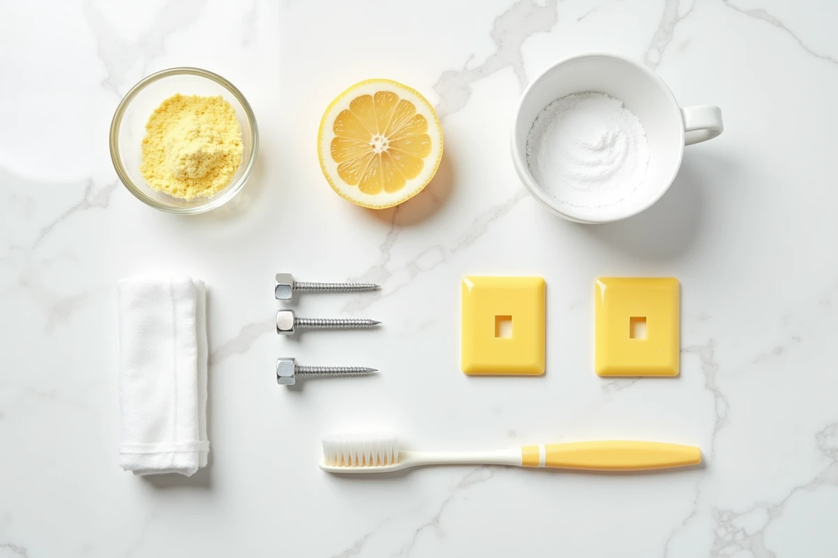 Vue de dessus des produits nécessaires pour blanchir des plaques d'interrupteur jaunies avec du bicarbonate de soude, disposés sur marbre blanc
