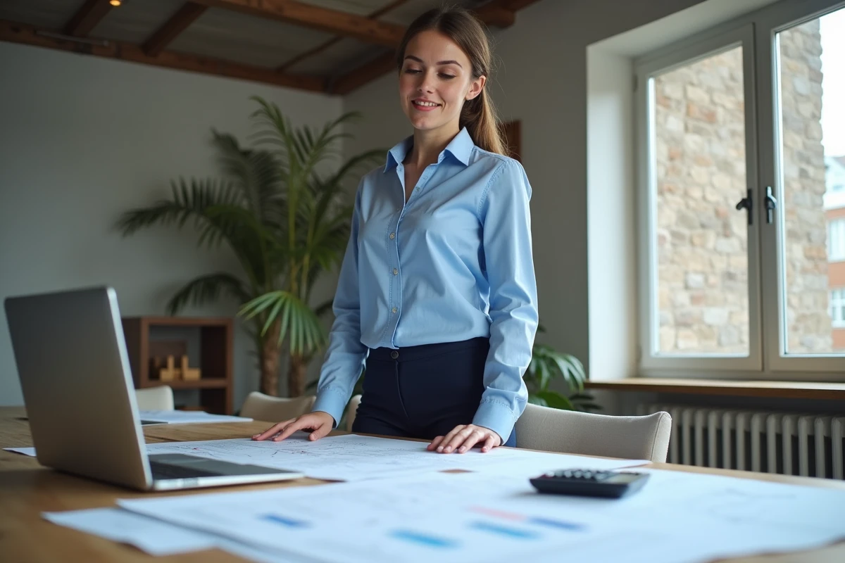 Jeune femme gestionnaire de projet examinant des plans de construction