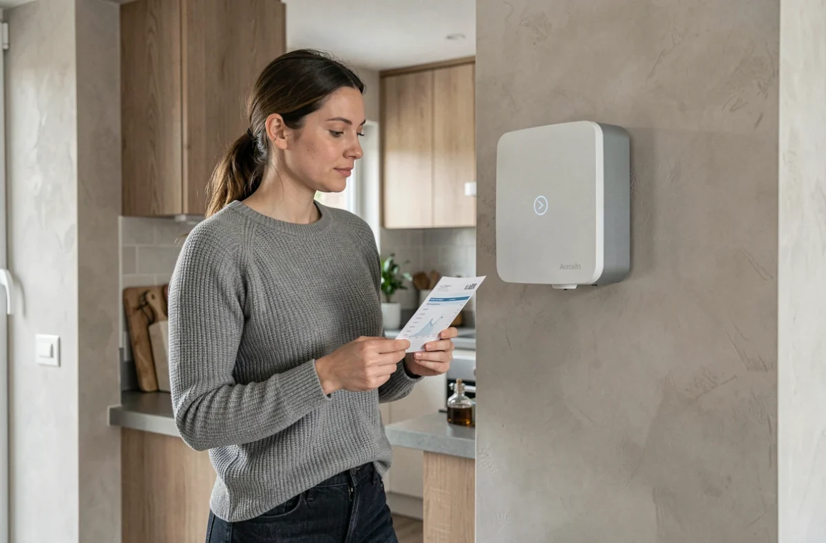 Propriétaire examinant sa facture d'énergie devant un accumulateur électrique mural dans un intérieur moderne