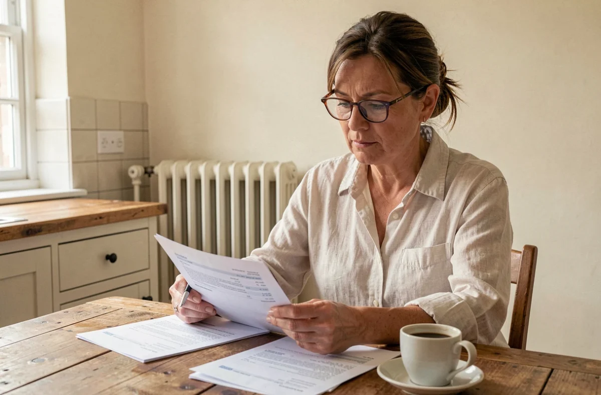 Propriétaire féminine examinant une facture de pose de radiateur en fonte posé sur sa table de cuisine avec le radiateur visible en arrière-plan