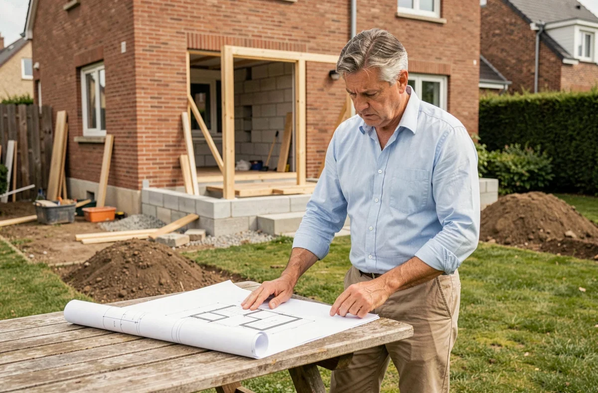 Propriétaire consultant des plans d'extension de maison de 40m2 dans son jardin avec chantier en arrière-plan