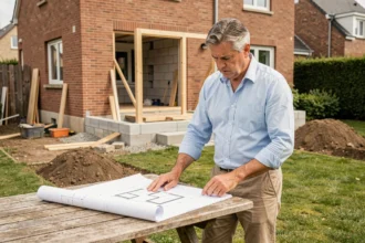 Propriétaire consultant des plans d'extension de maison de 40m2 dans son jardin avec chantier en arrière-plan